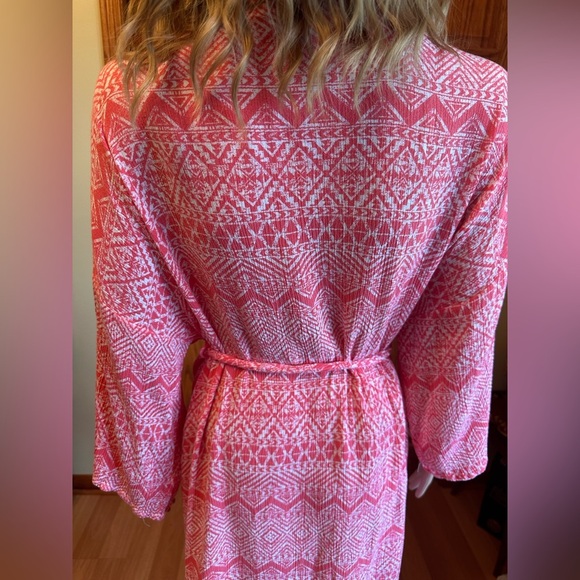 Pink Blush Womens Medium Duster Robe Geometric Color Barber Pink Tie Belt - Picture 4 of 12